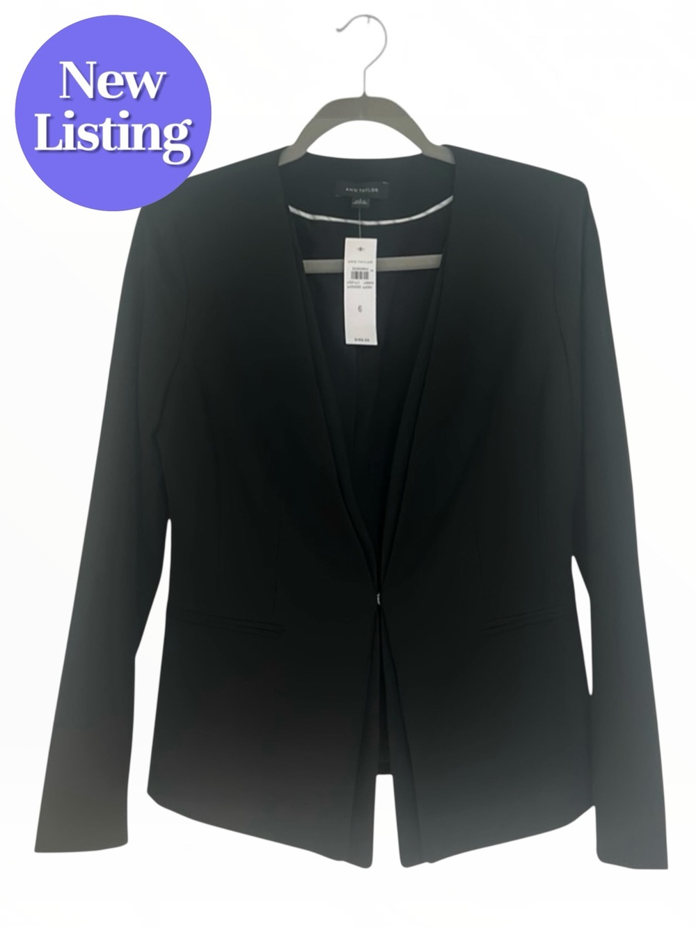 🍁🆕 Ann Taylor Classic Double V Collarless Jacket. Black. Size 6. NWT.